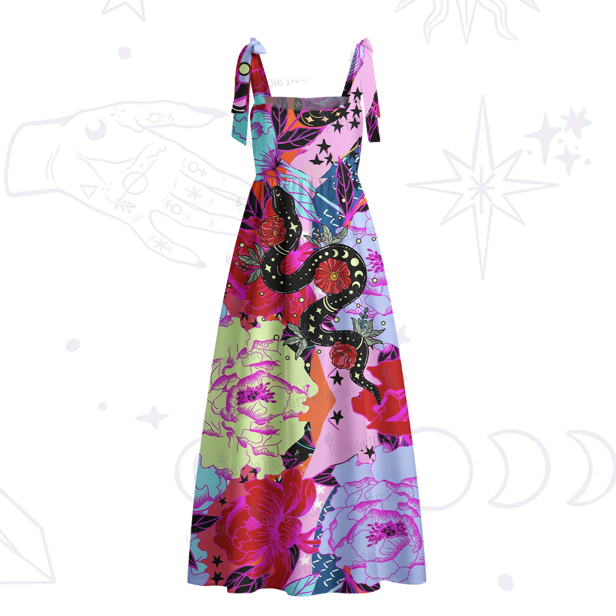 Purplehecate Enchanted Black Serpent & Floral Pattern Tie Shoulder Maxi Dress