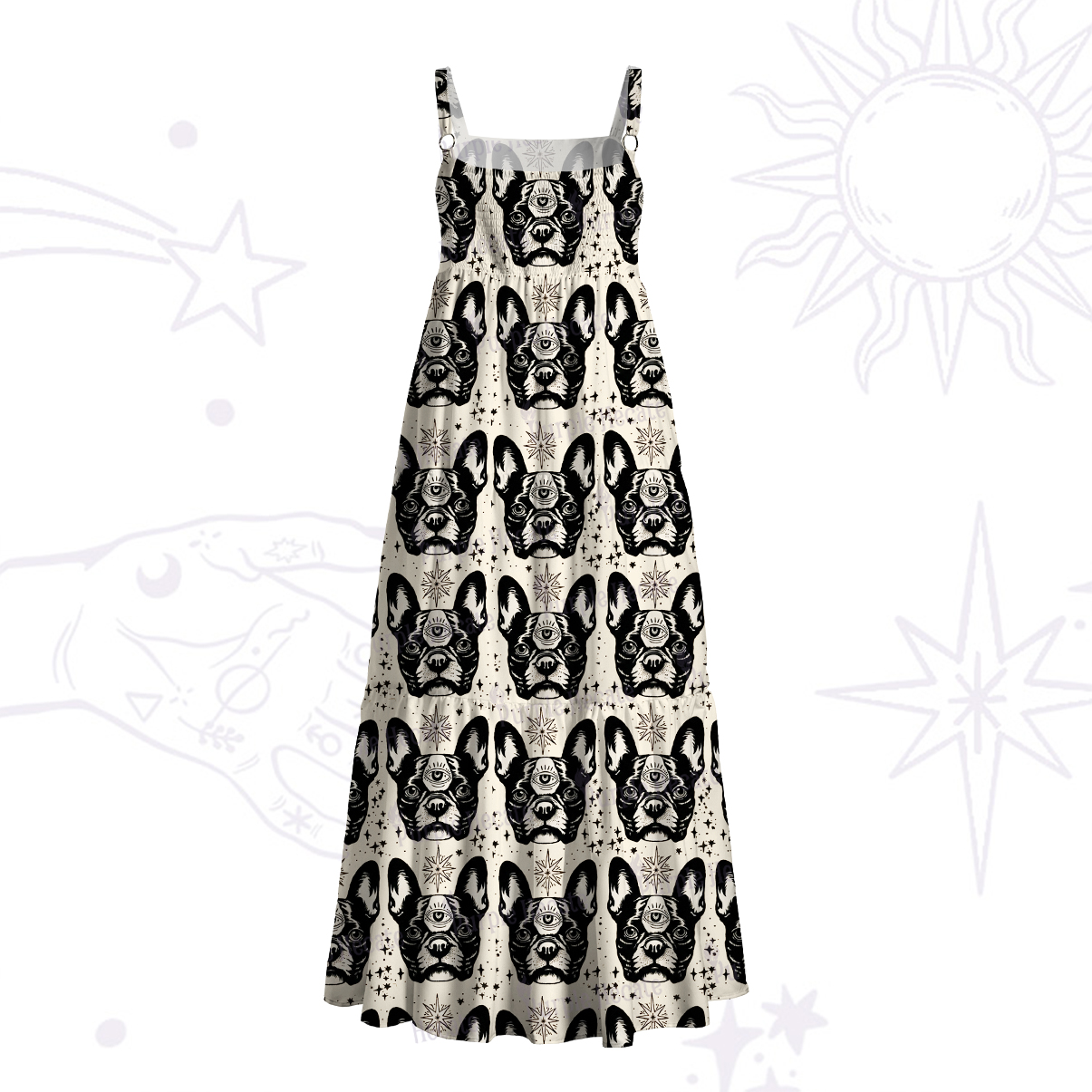 Purplehecate Mystic Boston Terrier Wide Straps Maxi Dress