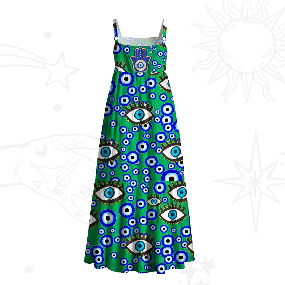 Purplehecate Mystic Hamsa Evil Eye Wide Straps Maxi Dress