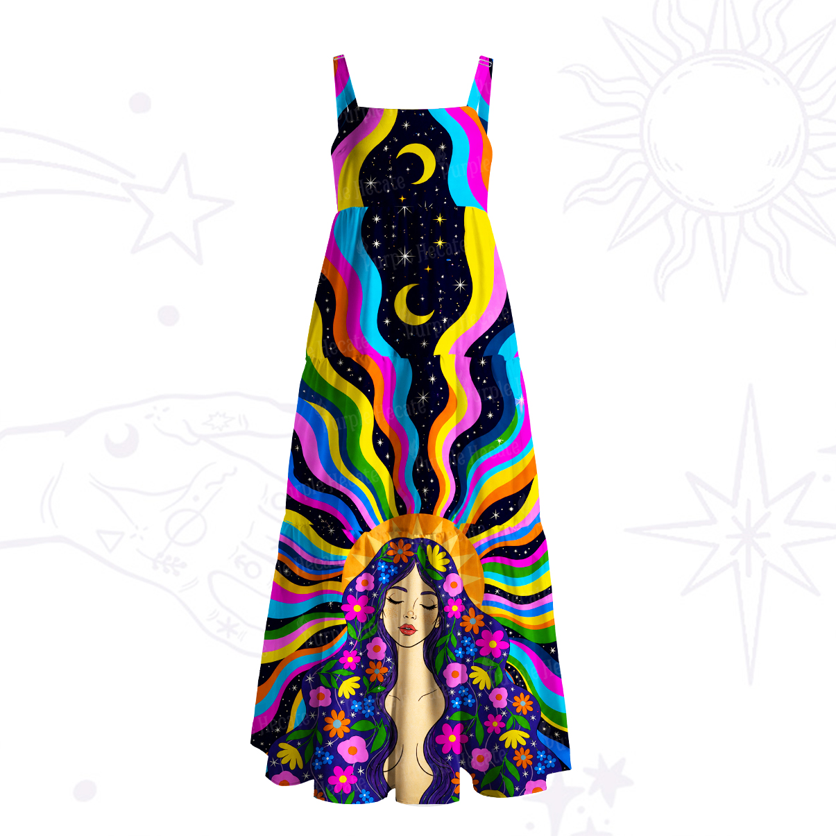 Purplehecate Cosmic Rainbow Goddess Meditation Wide Straps Maxi Dress