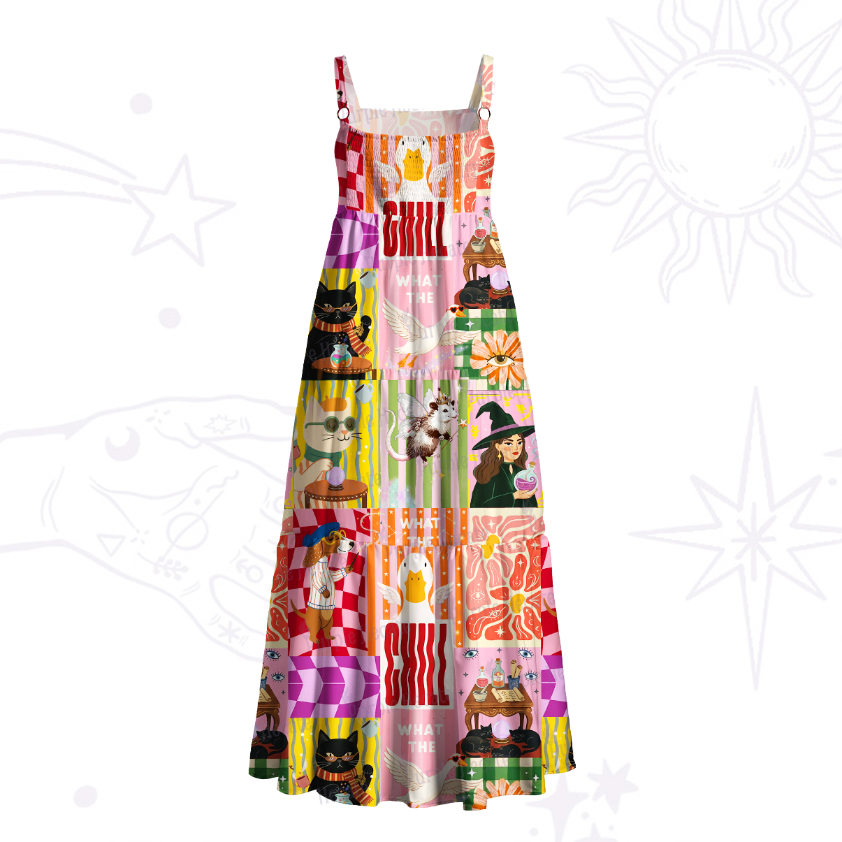Purplehecate Chill Witchy Patchwork Wide Straps Maxi Dress