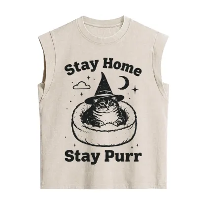 Purplehecate Stay Home Stay Purr Witch Cat Vintage Washed Tank