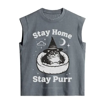Purplehecate Stay Home Stay Purr Witch Cat Vintage Washed Tank