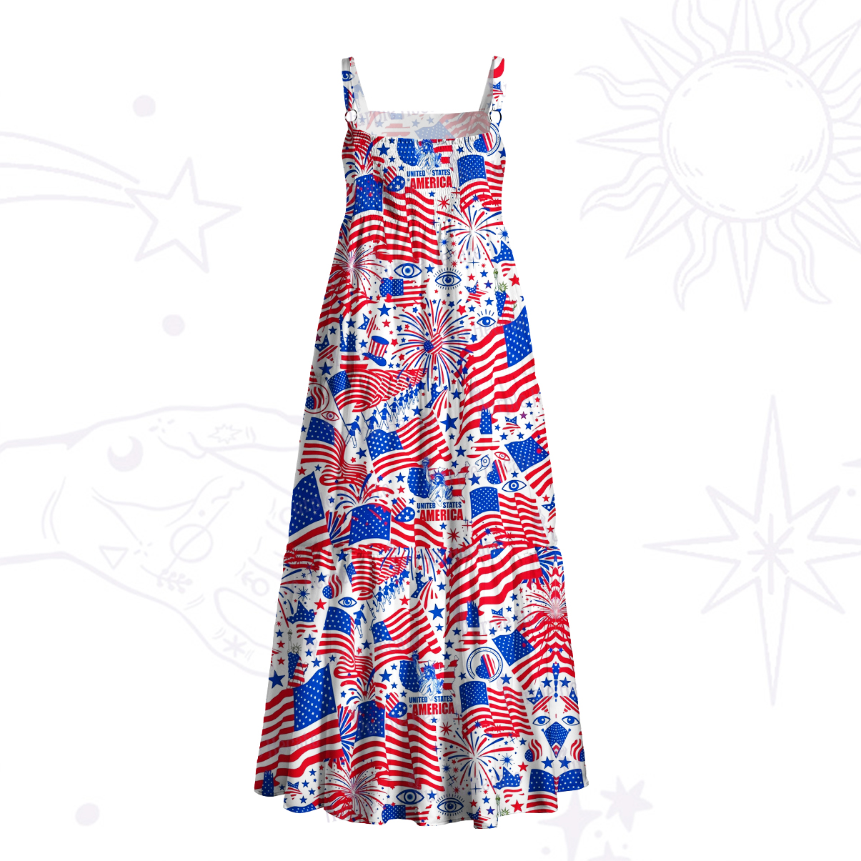 Purplehecate Patriotic Fireworks & Flags Wide Straps Maxi Dress
