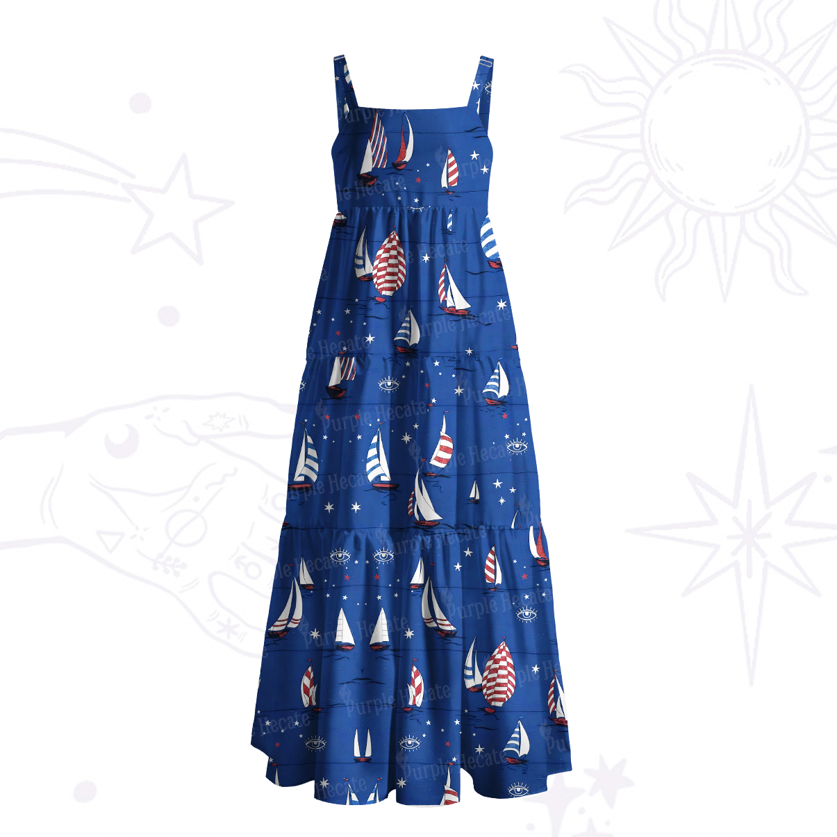 Purplehecate Nautical Sailboat Print Wide Straps Maxi Dress