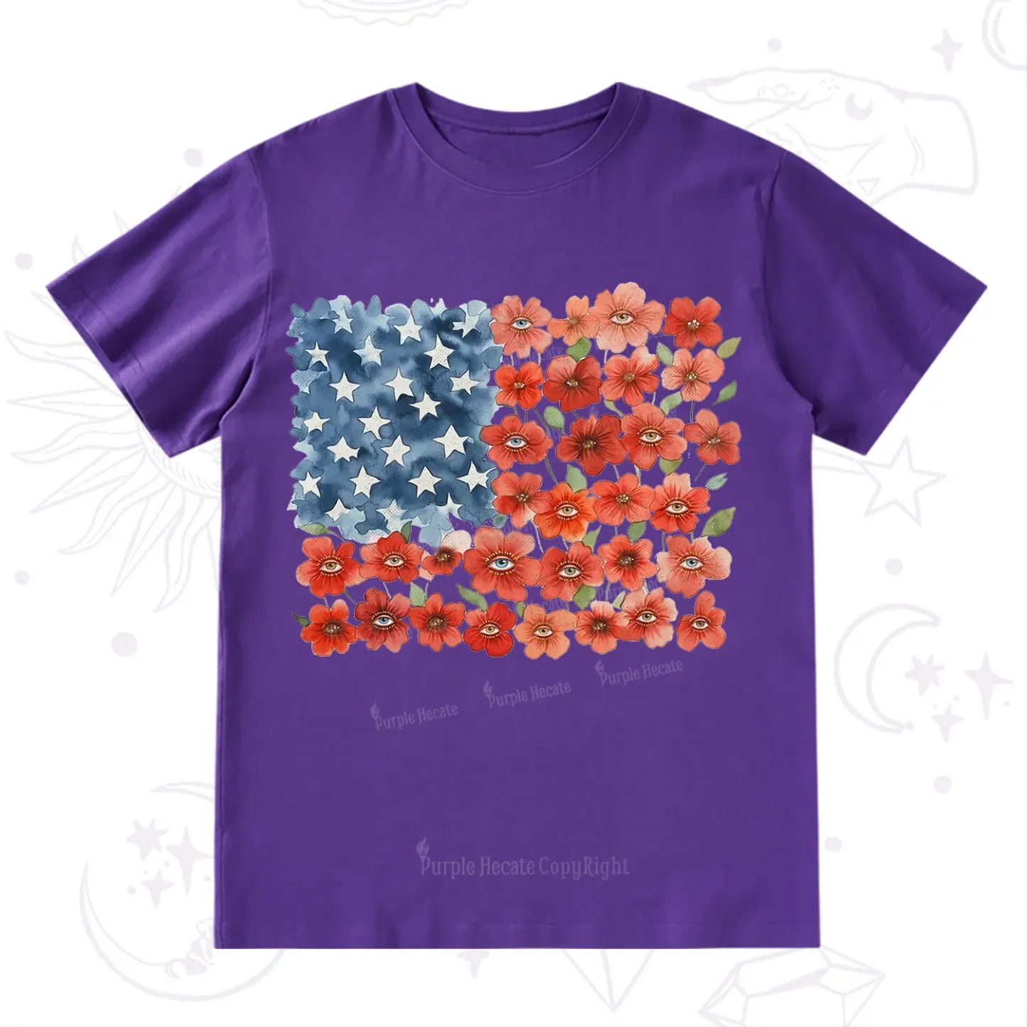 Purplehecate Floral Watercolor American Flag T-Shirt