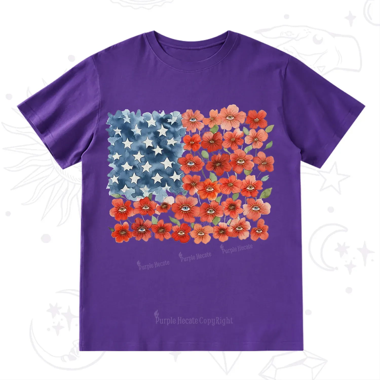 Purplehecate Floral Watercolor American Flag T-Shirt