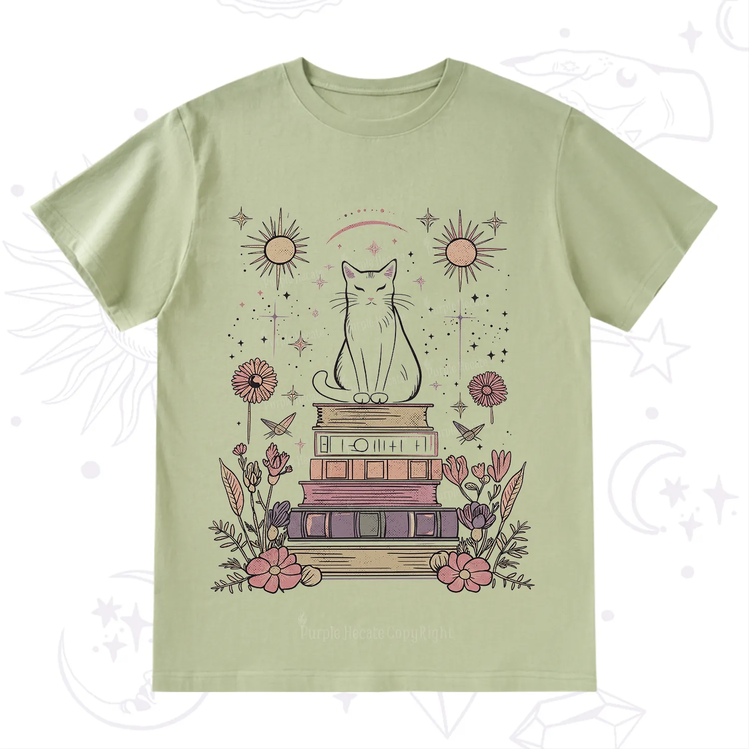 Purplehecate Mystical Cat Reading a Witchy Book T-Shirt