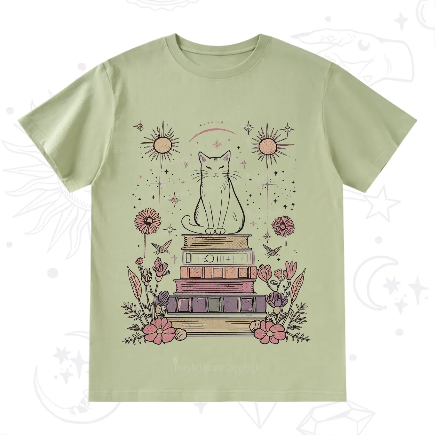 Purplehecate Mystical Cat Reading a Witchy Book T-Shirt