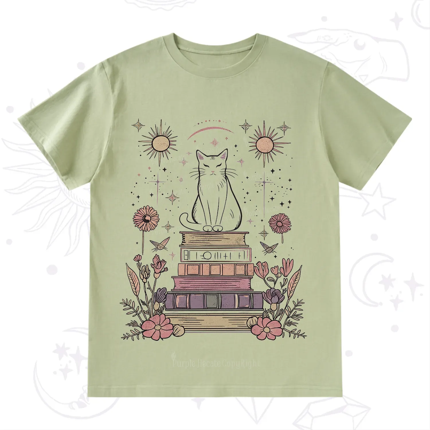 Purplehecate Mystical Cat Reading a Witchy Book T-Shirt