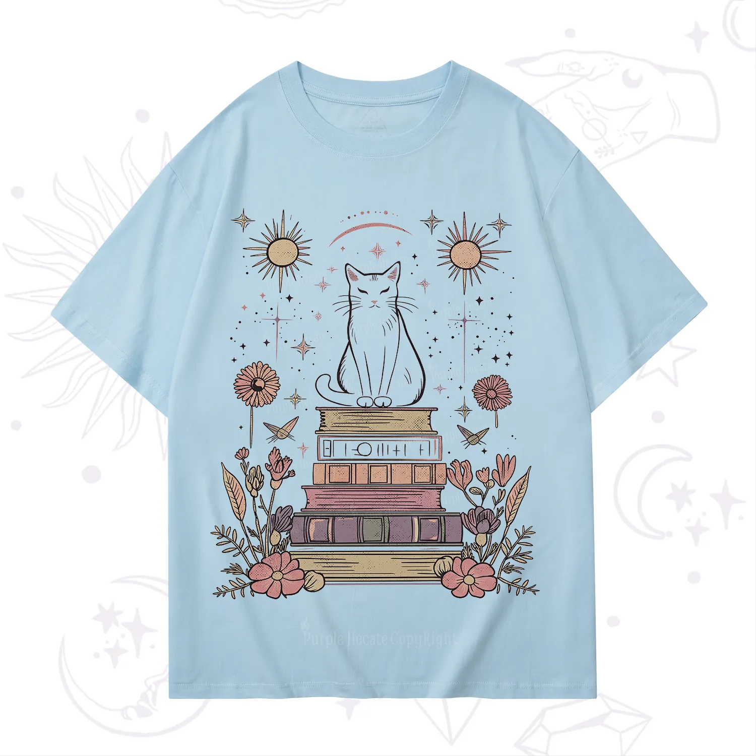 Purplehecate Mystical Cat Reading a Witchy Book T-Shirt