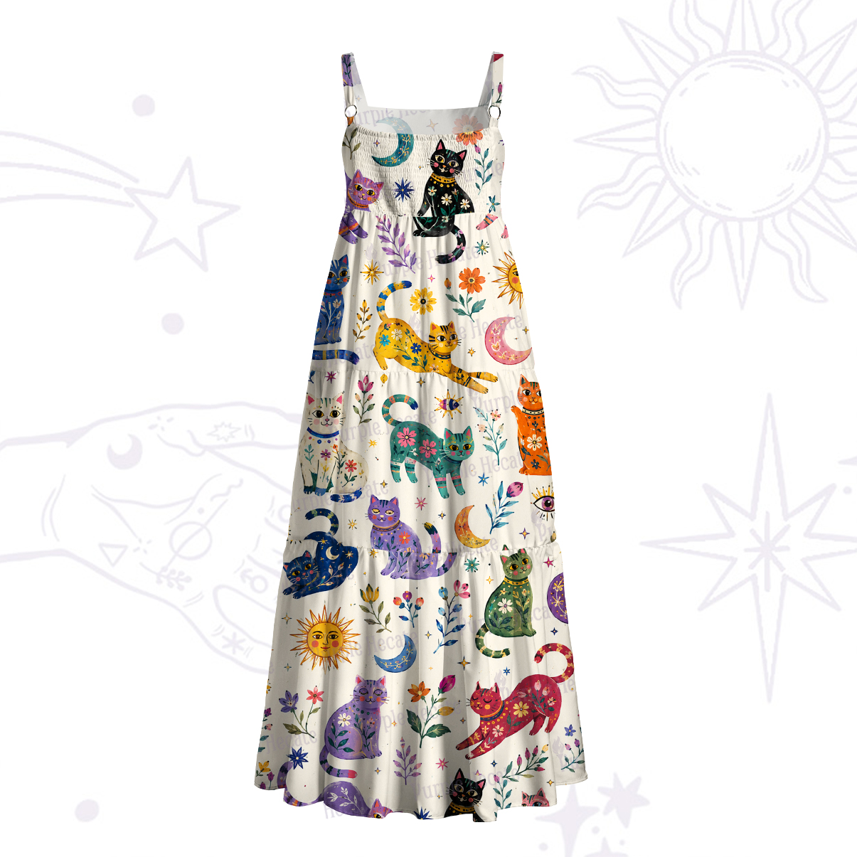 Purplehecate Rainbow Magic Cats Wide Straps Maxi Dress