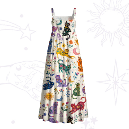 Purplehecate Rainbow Magic Cats Wide Straps Maxi Dress