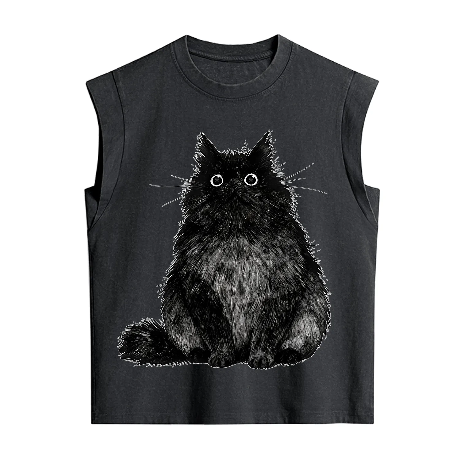 Purplehecate Cute Black Fluffy Cat Vintage Washed Tank