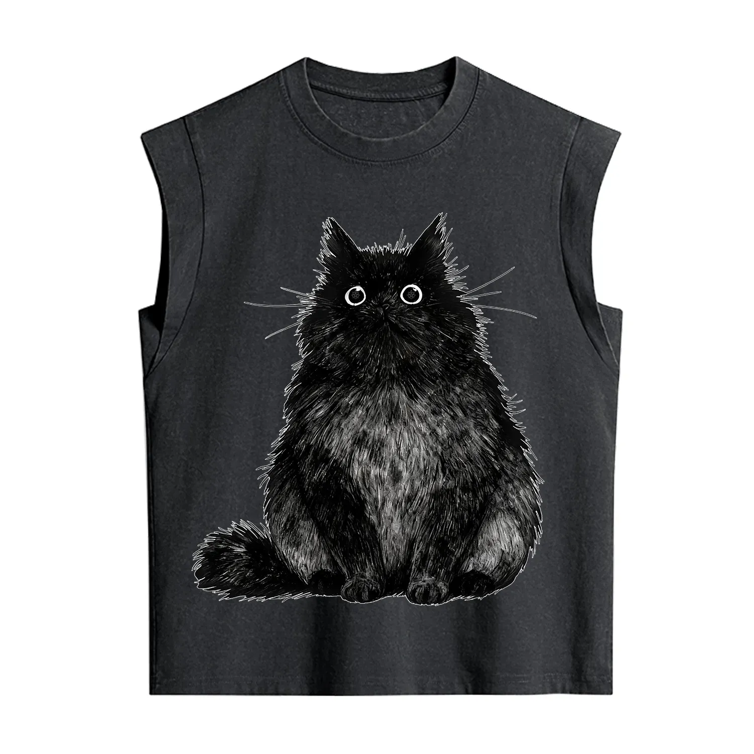 Purplehecate Cute Black Fluffy Cat Vintage Washed Tank
