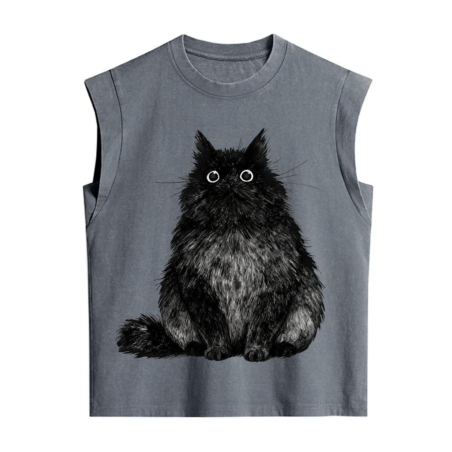 Purplehecate Cute Black Fluffy Cat Vintage Washed Tank