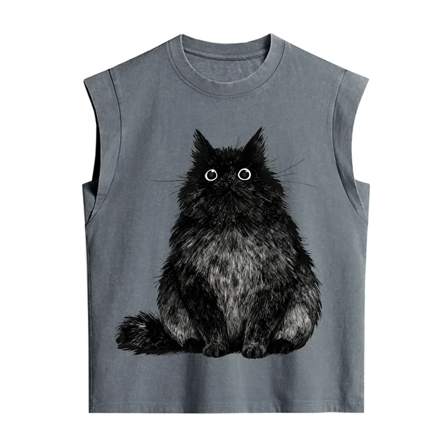 Purplehecate Cute Black Fluffy Cat Vintage Washed Tank