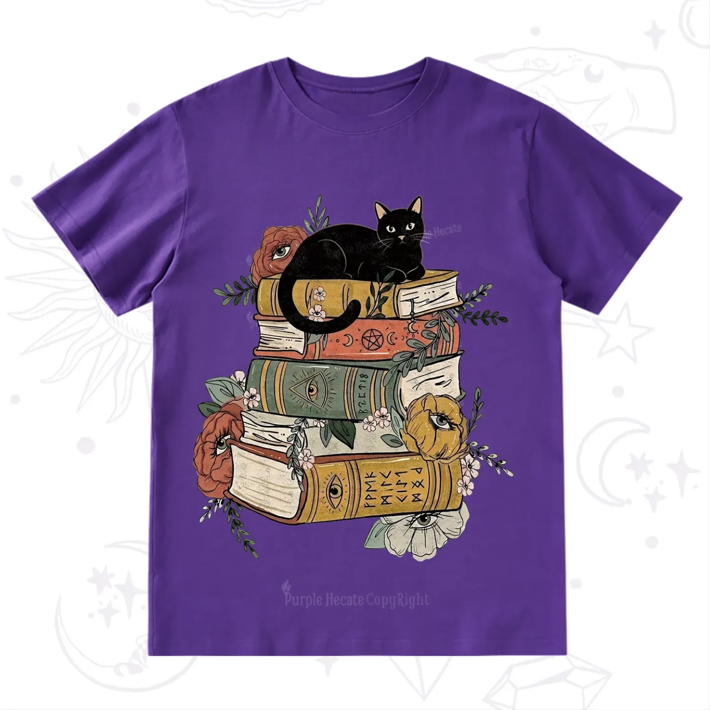 Purplehecate Black Cat on Books T-Shirt