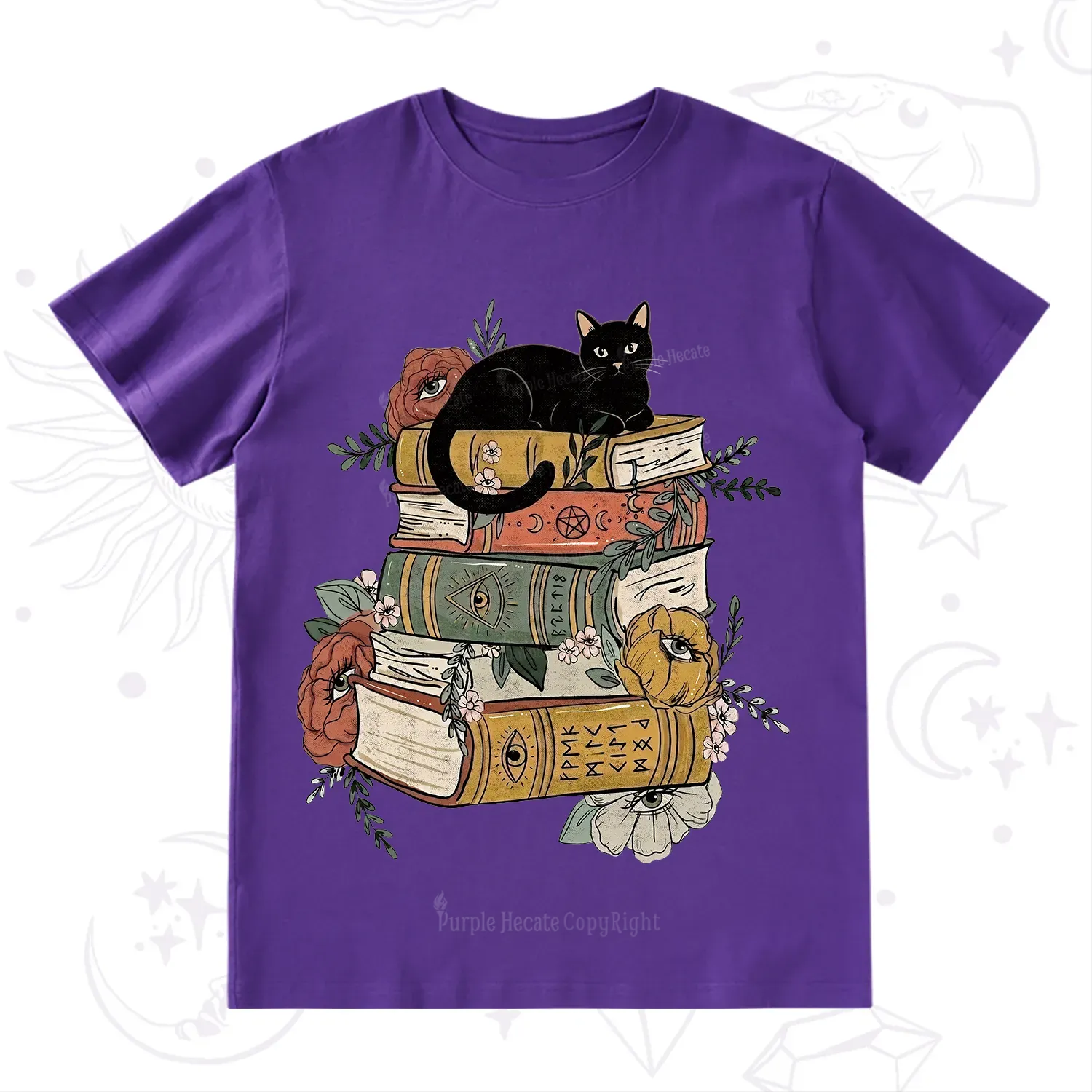 Purplehecate Black Cat on Books T-Shirt