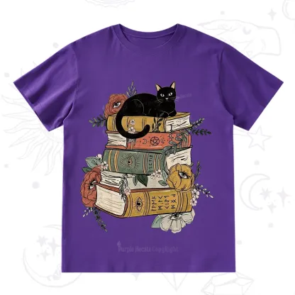 Purplehecate Black Cat on Books T-Shirt