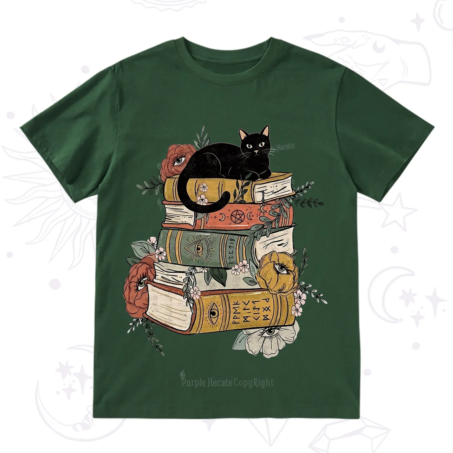Purplehecate Black Cat on Books T-Shirt
