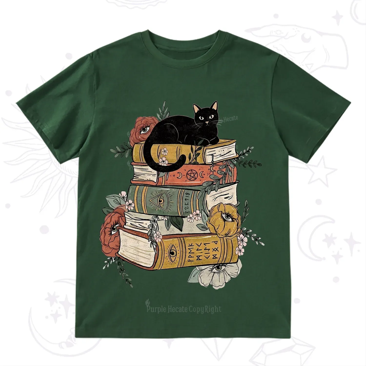 Purplehecate Black Cat on Books T-Shirt