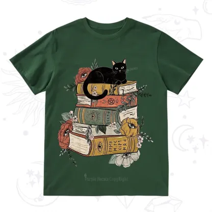 Purplehecate Black Cat on Books T-Shirt