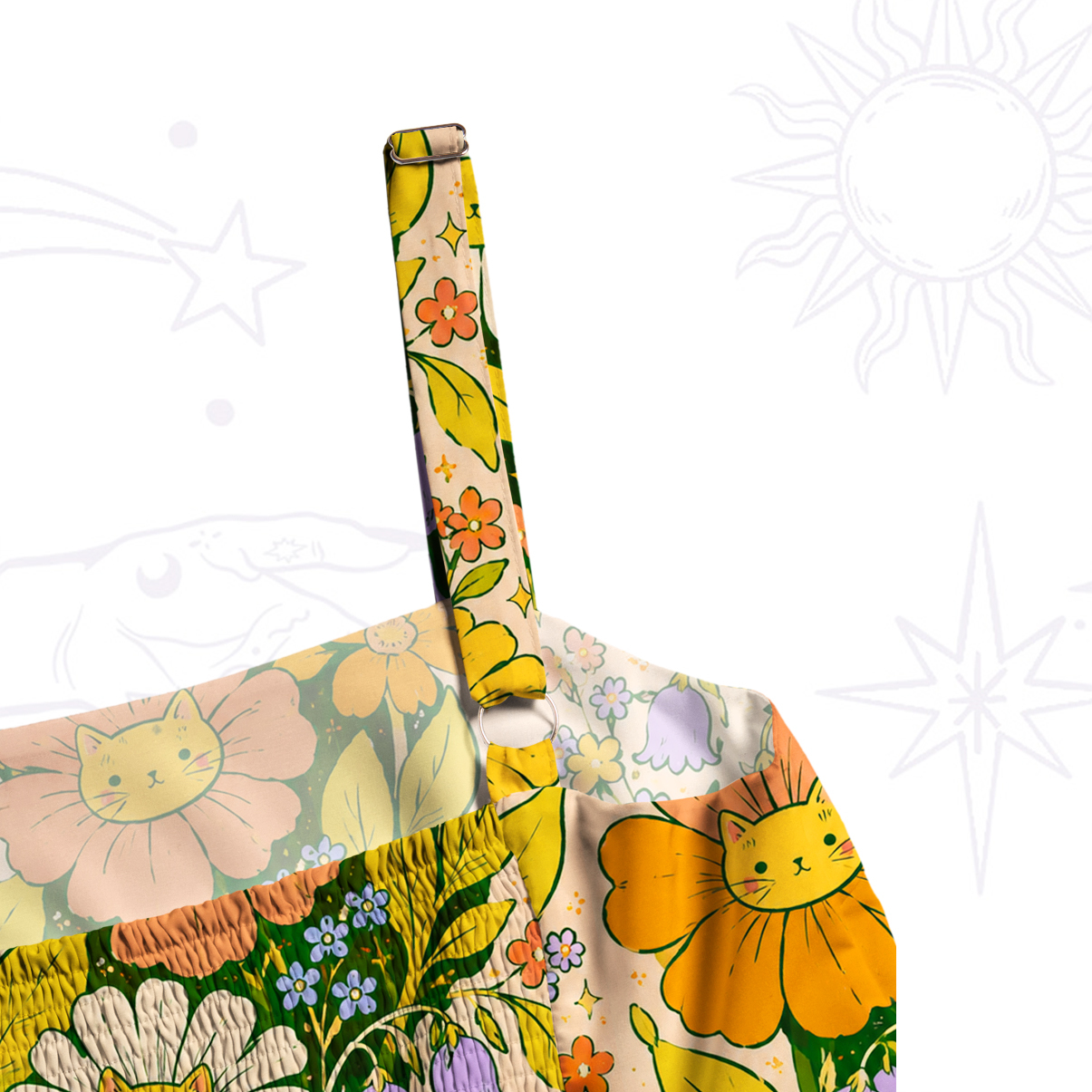 Purplehecate Sunflower Cat Face Flower Field Wide Straps Maxi Dress