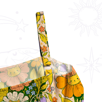 Purplehecate Sunflower Cat Face Flower Field Wide Straps Maxi Dress