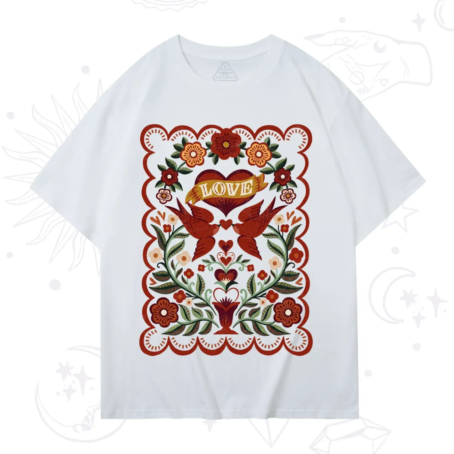 Purplehecate Folk Love Birds Floral T-Shirt