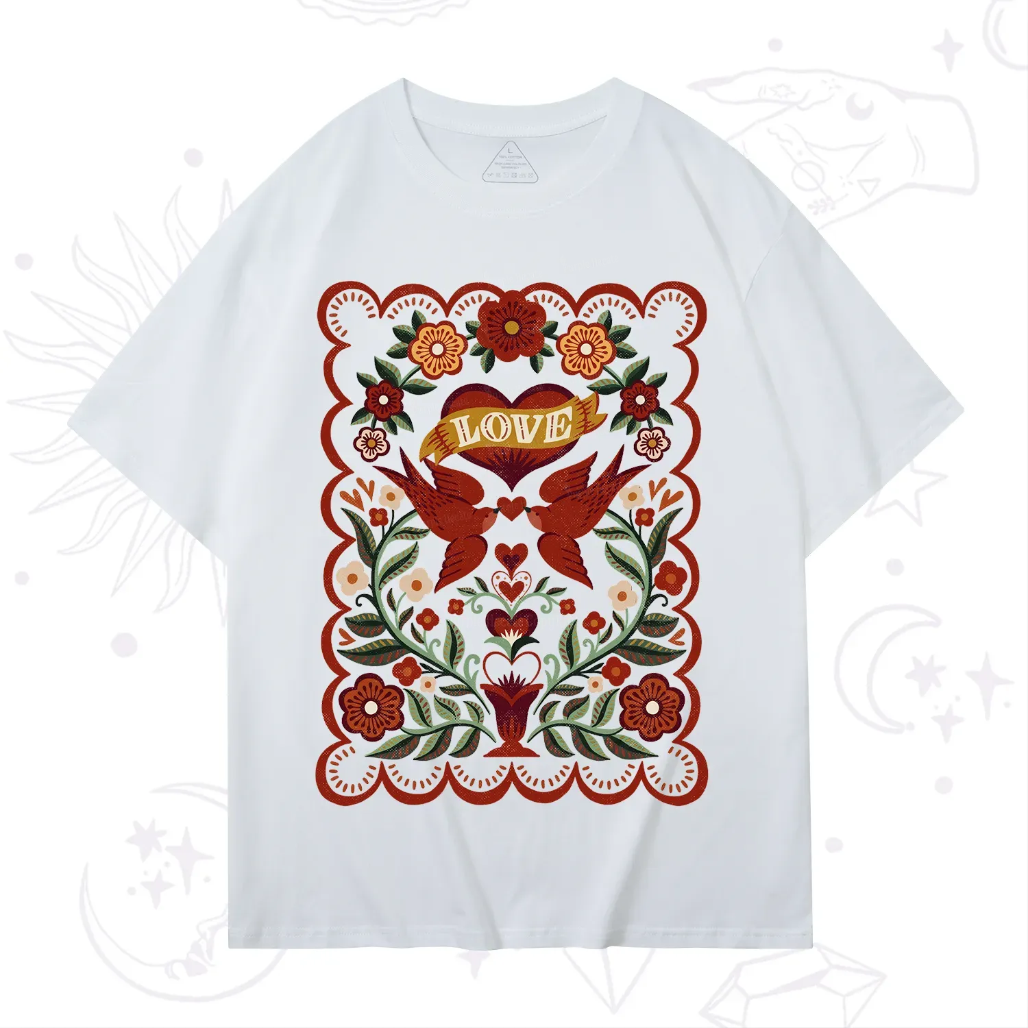 Purplehecate Folk Love Birds Floral T-Shirt
