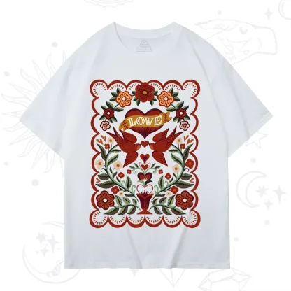 Purplehecate Folk Love Birds Floral T-Shirt