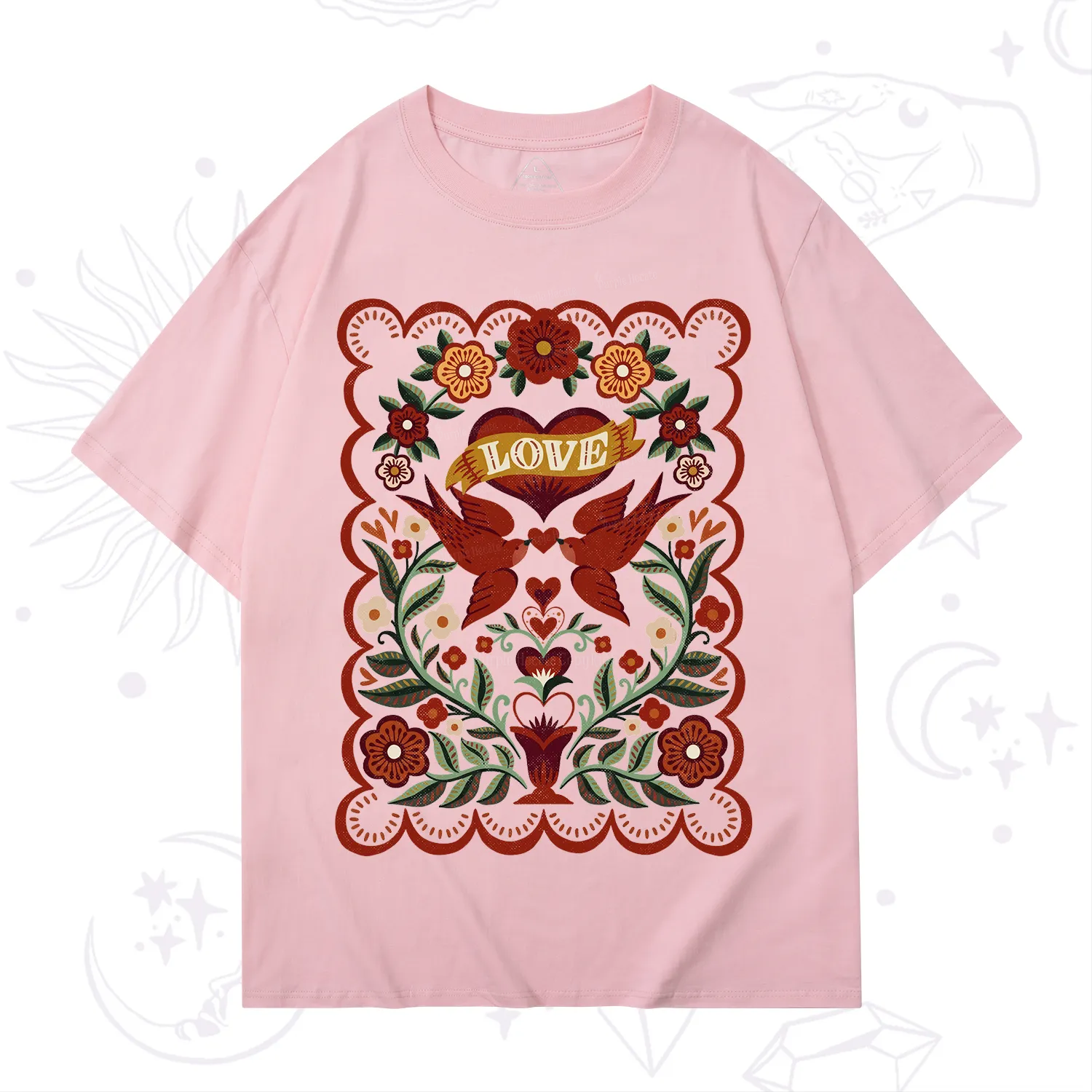 Purplehecate Folk Love Birds Floral T-Shirt