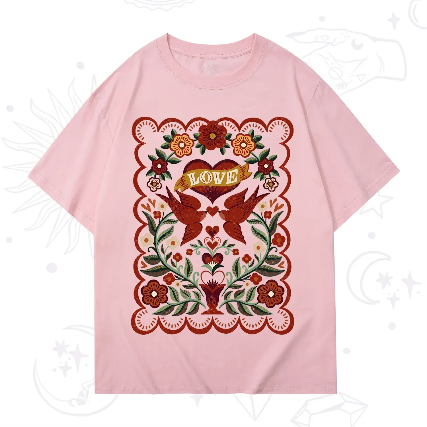 Purplehecate Folk Love Birds Floral T-Shirt