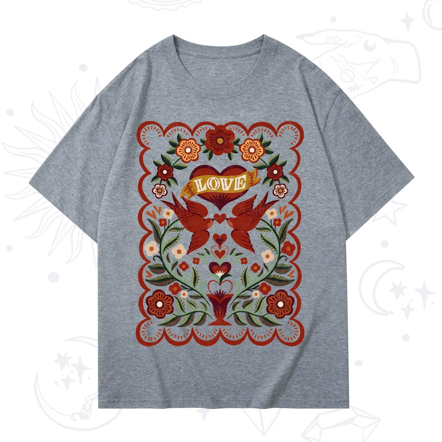 Purplehecate Folk Love Birds Floral T-Shirt