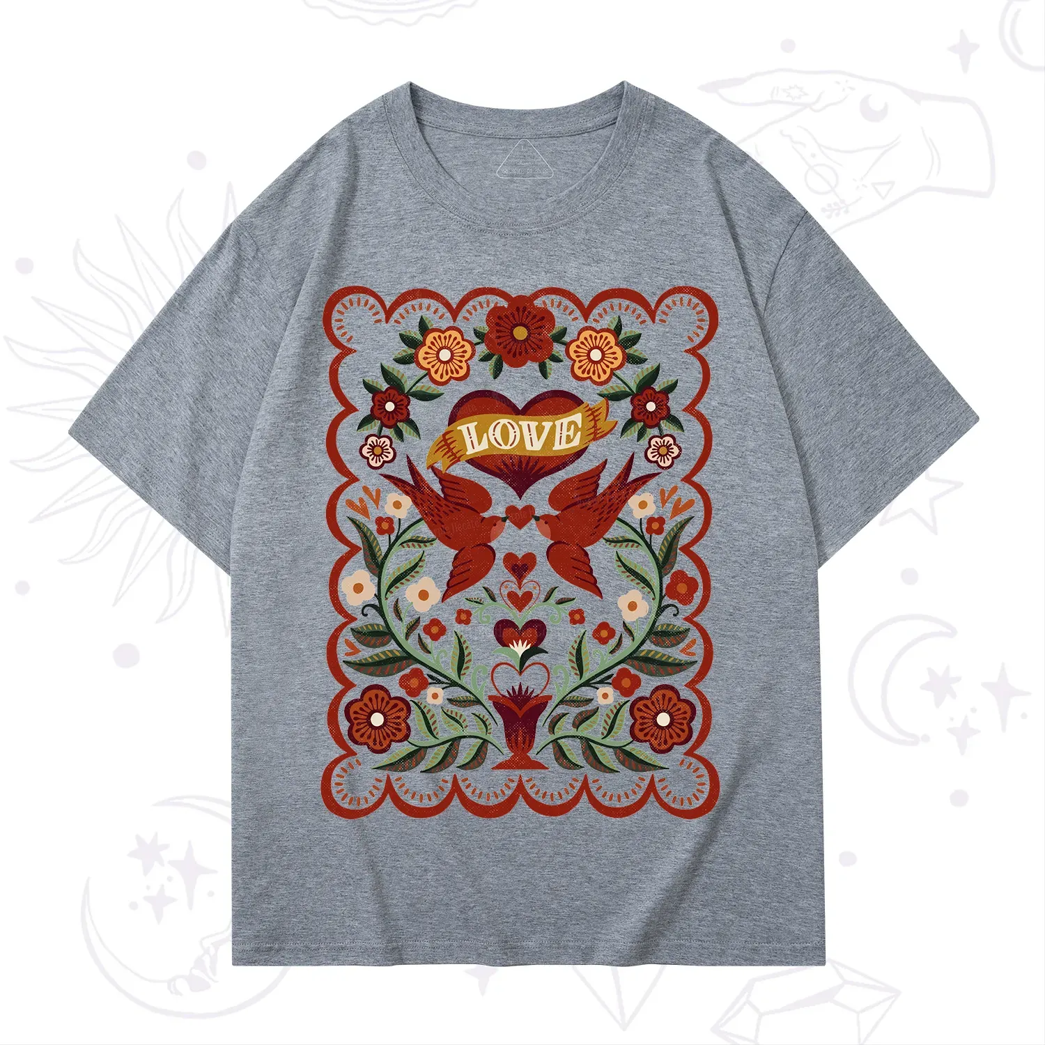 Purplehecate Folk Love Birds Floral T-Shirt