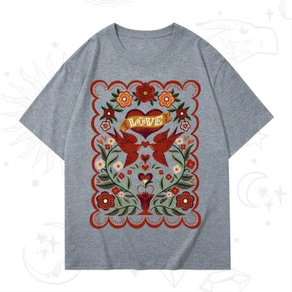 Purplehecate Folk Love Birds Floral T-Shirt