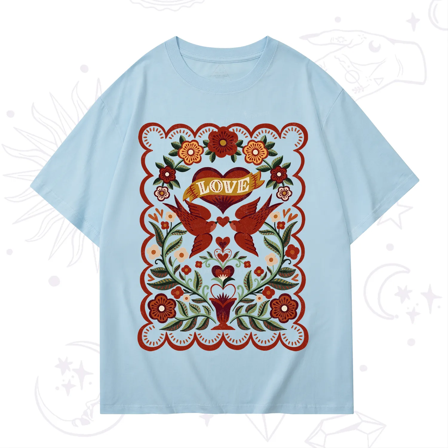 Purplehecate Folk Love Birds Floral T-Shirt
