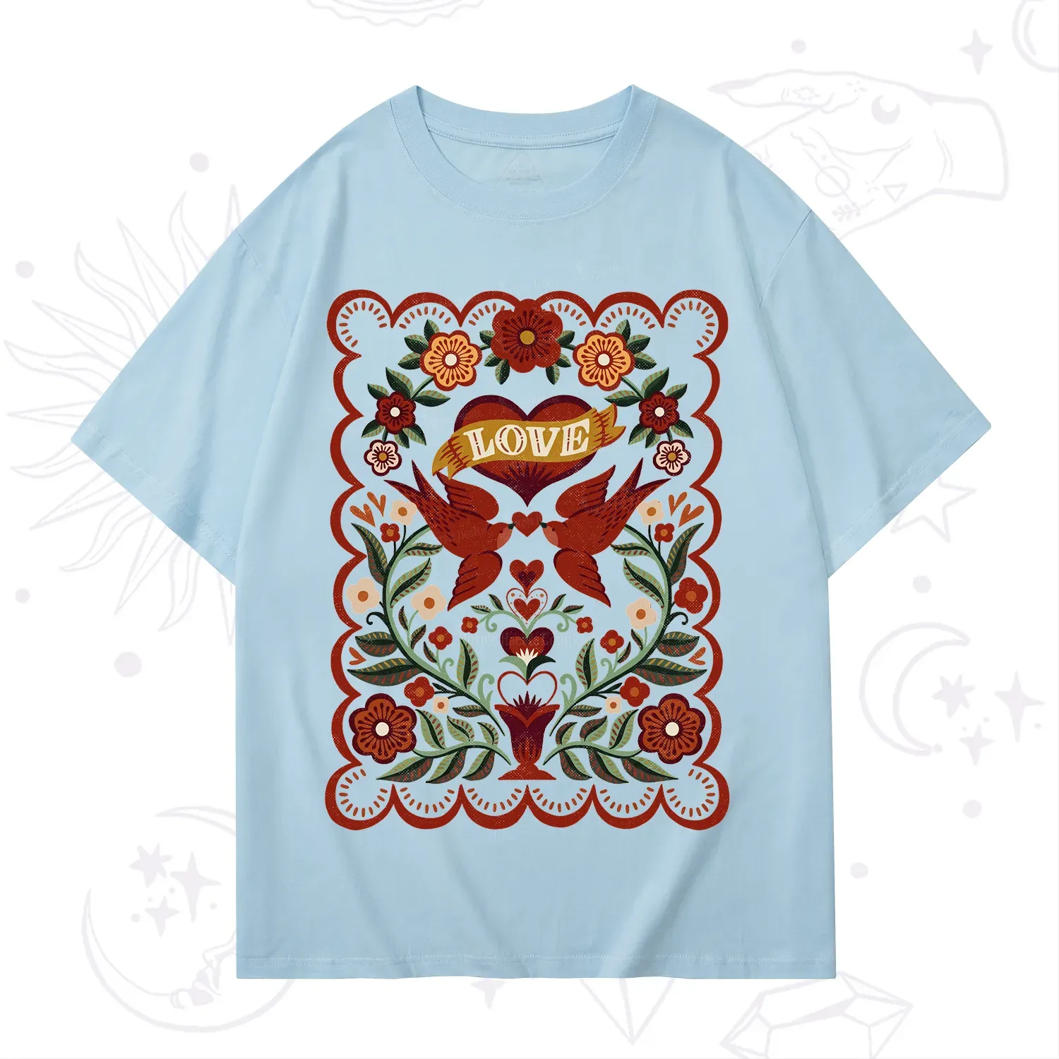 Purplehecate Folk Love Birds Floral T-Shirt