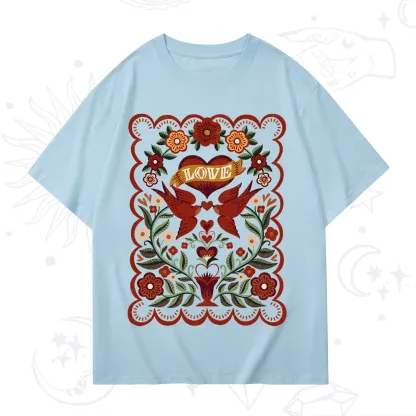 Purplehecate Folk Love Birds Floral T-Shirt