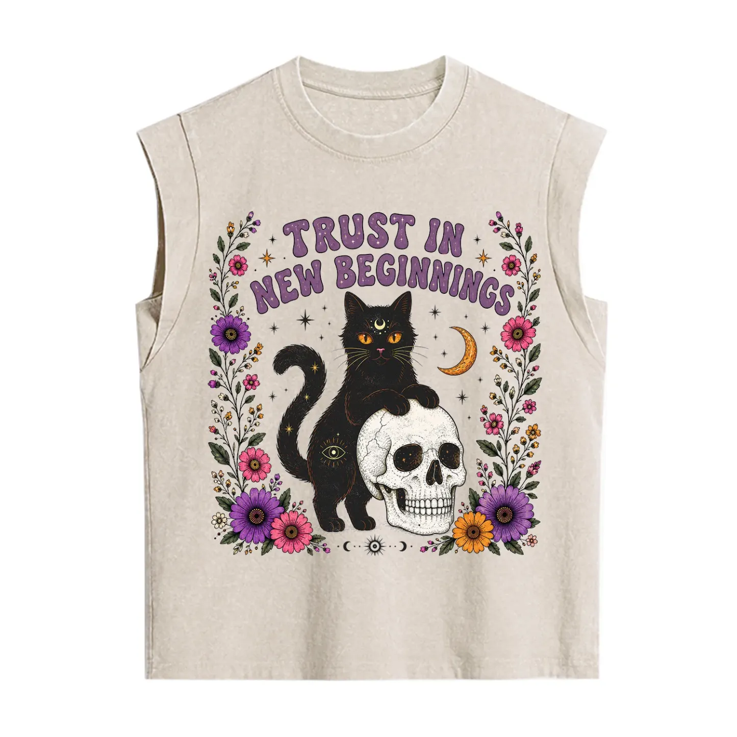 Purplehecate Trust in New Beginnings Black Cat Vintage Washed Tank