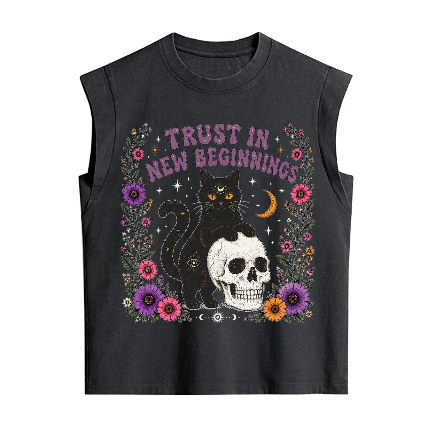 Purplehecate Trust in New Beginnings Black Cat Vintage Washed Tank