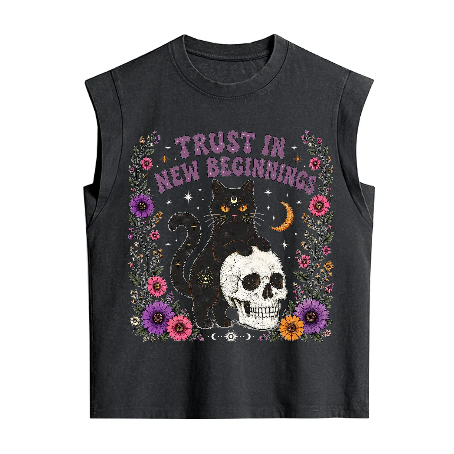 Purplehecate Trust in New Beginnings Black Cat Vintage Washed Tank