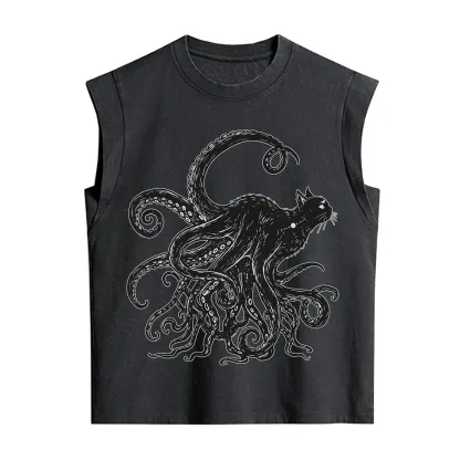 Purplehecate Black Cat with Octopus Tentacles Vintage Washed Tank