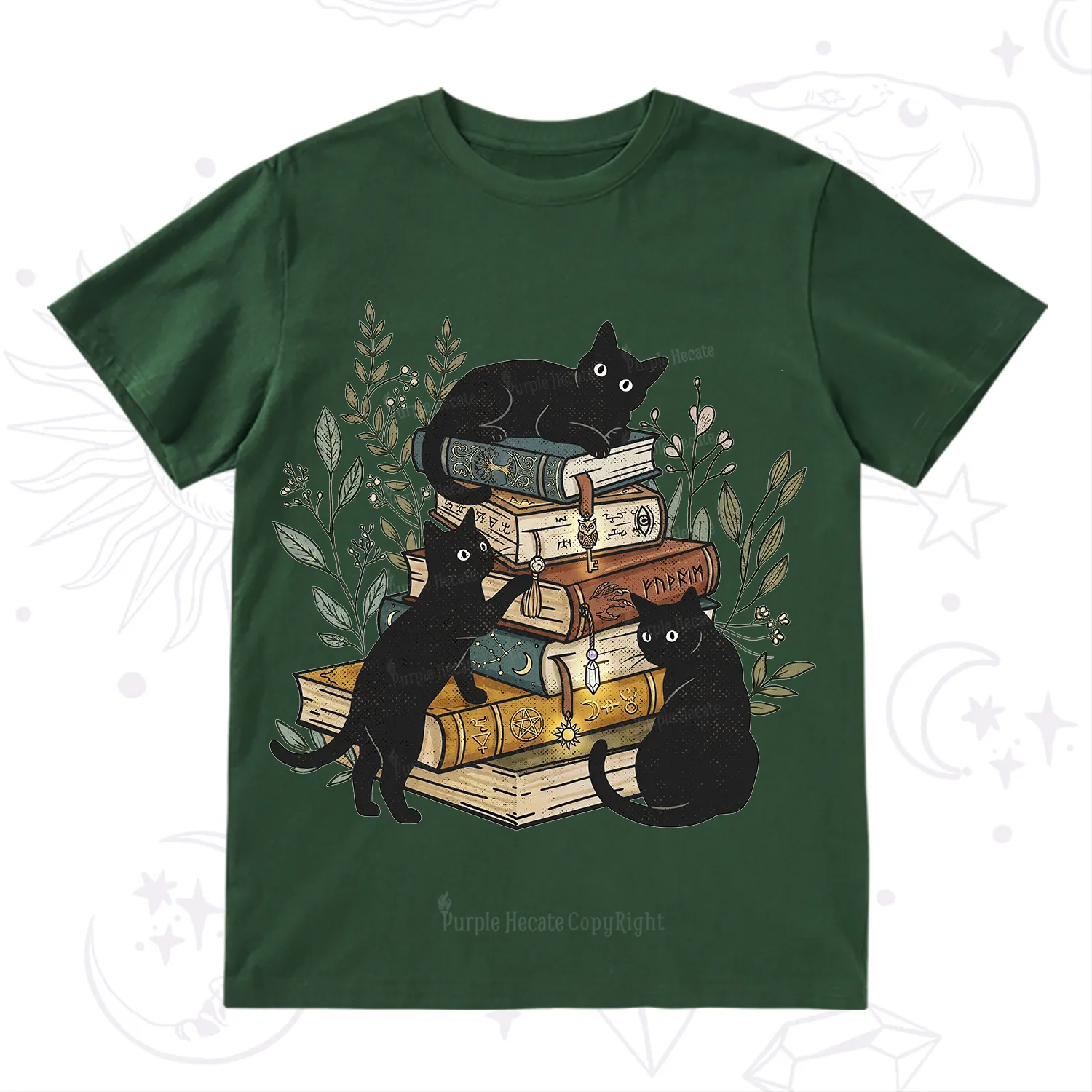 Purplehecate Enchanted Library Three Black Cats T-Shirt