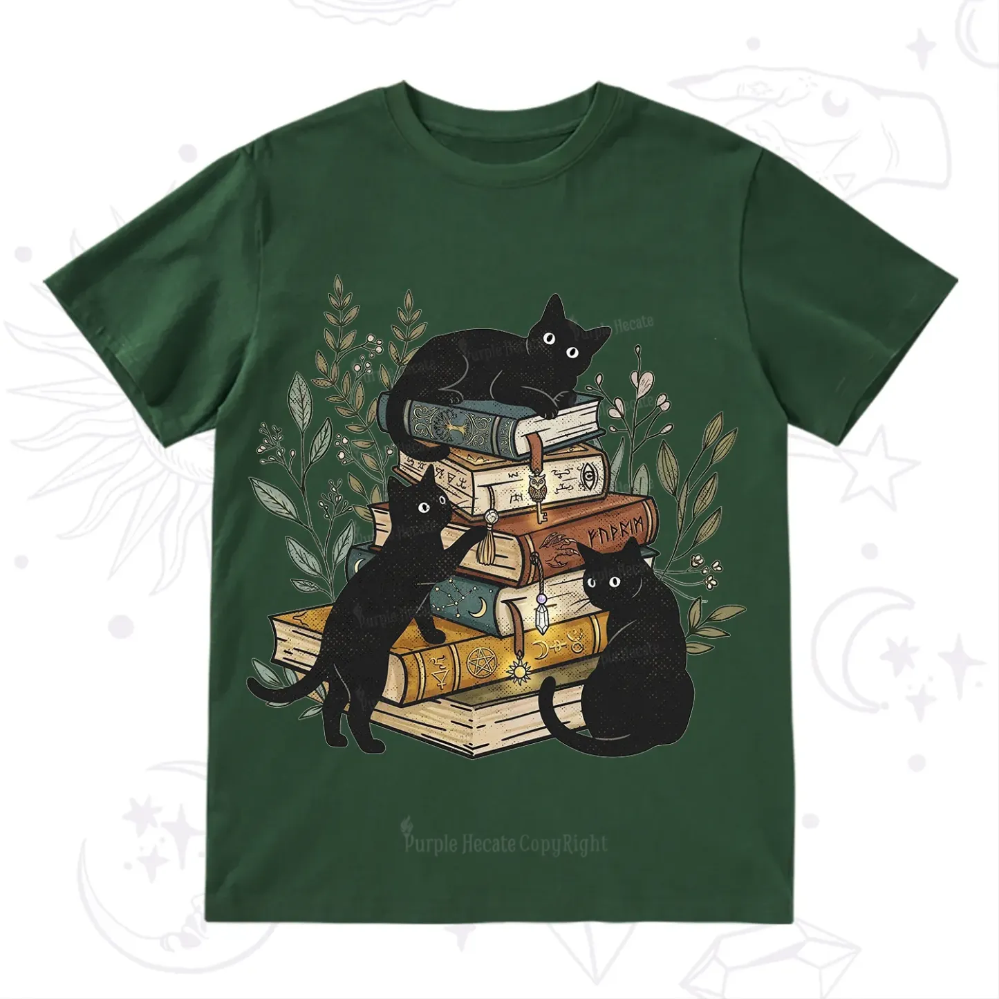 Purplehecate Enchanted Library Three Black Cats T-Shirt