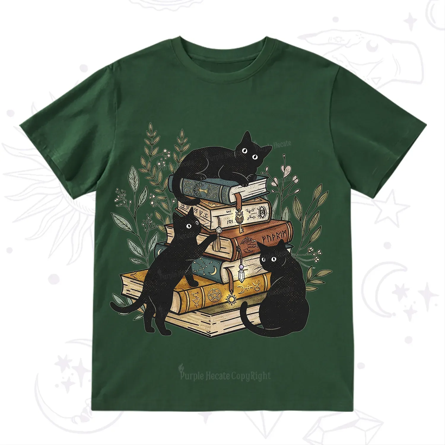 Purplehecate Enchanted Library Three Black Cats T-Shirt