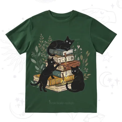 Purplehecate Enchanted Library Three Black Cats T-Shirt