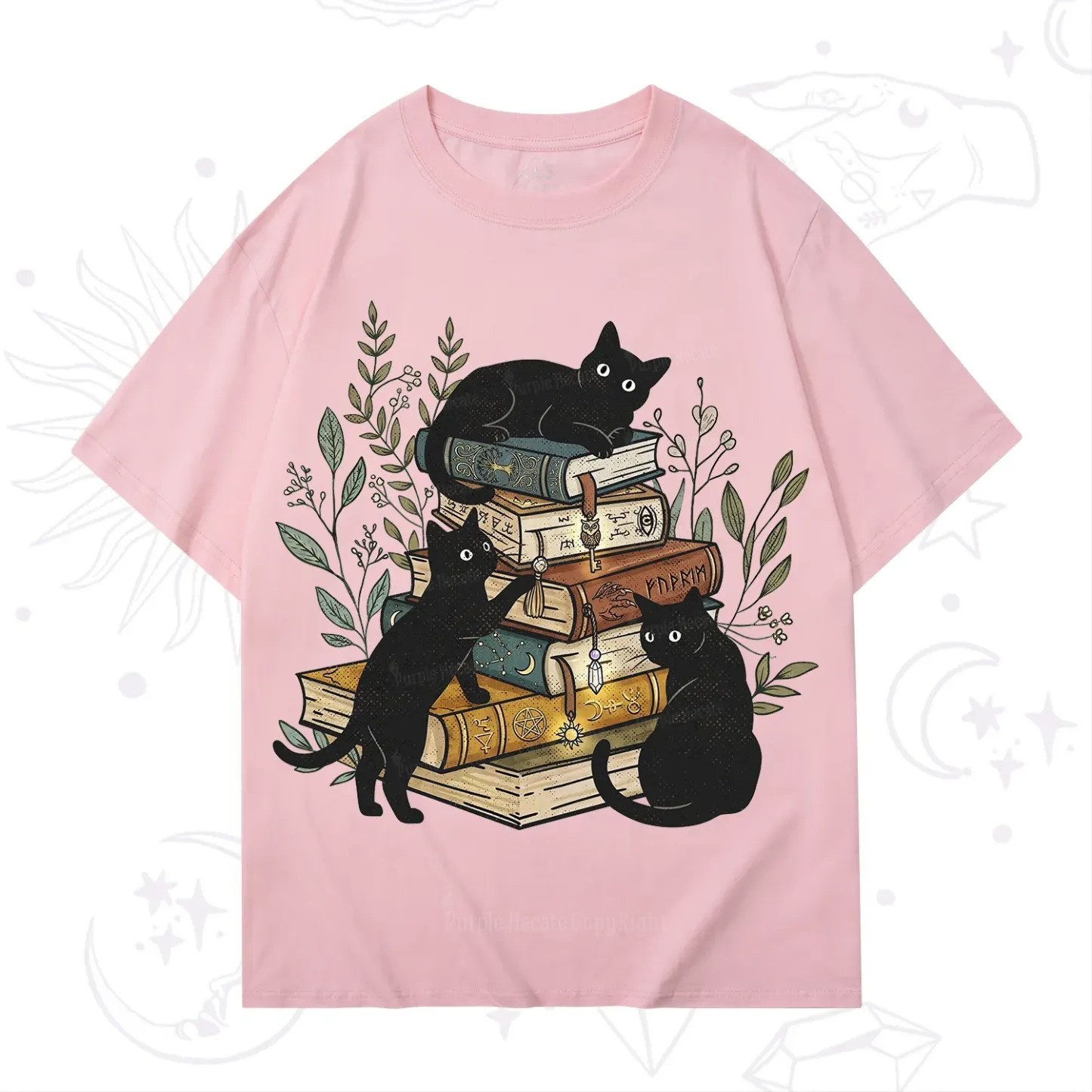 Purplehecate Enchanted Library Three Black Cats T-Shirt