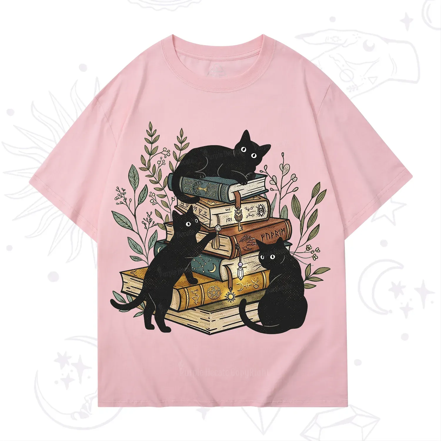 Purplehecate Enchanted Library Three Black Cats T-Shirt